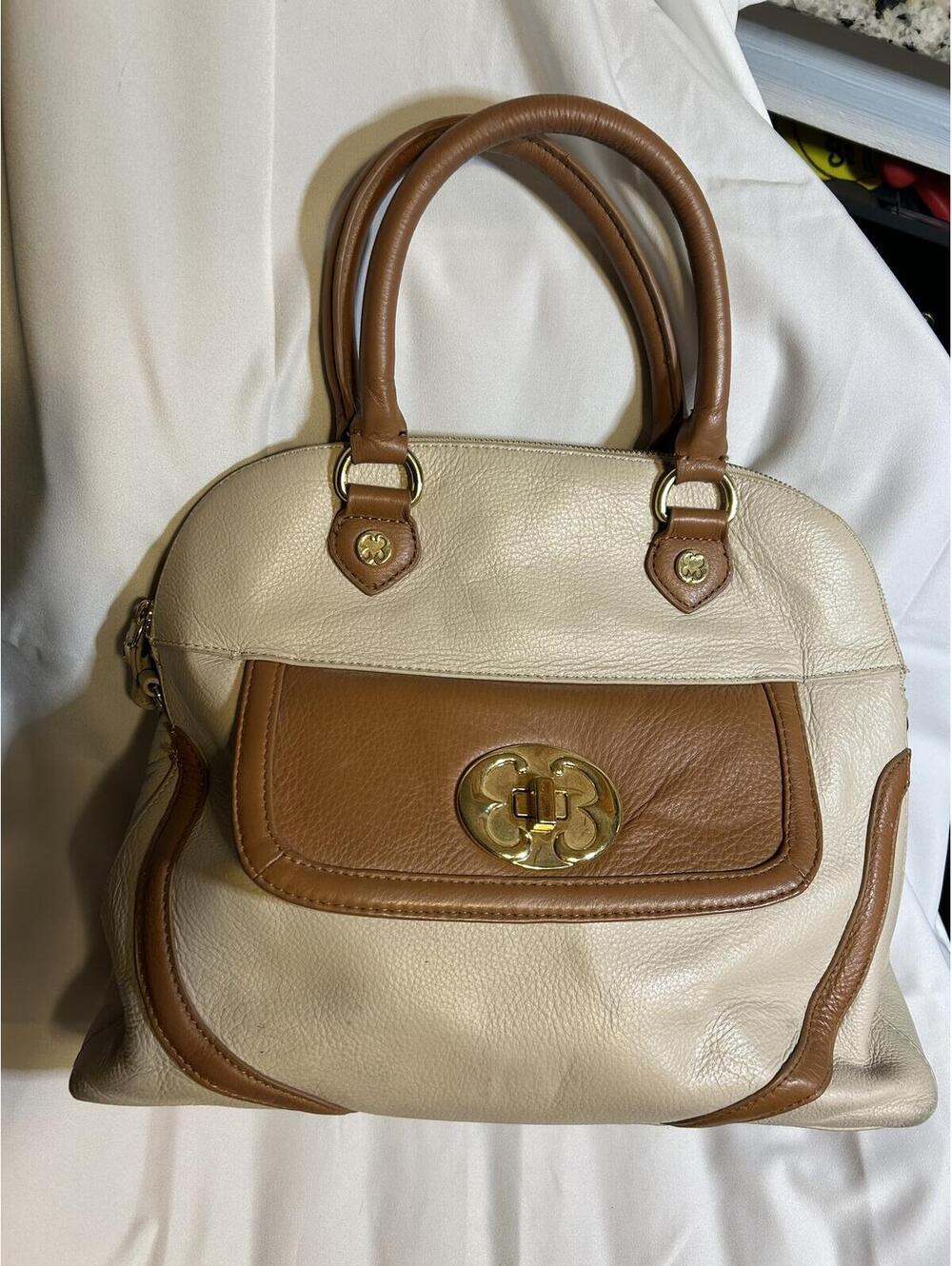 Emma Fox Leather Satchel Cream Tan Turn Lock Top Handle Shoulder Bag